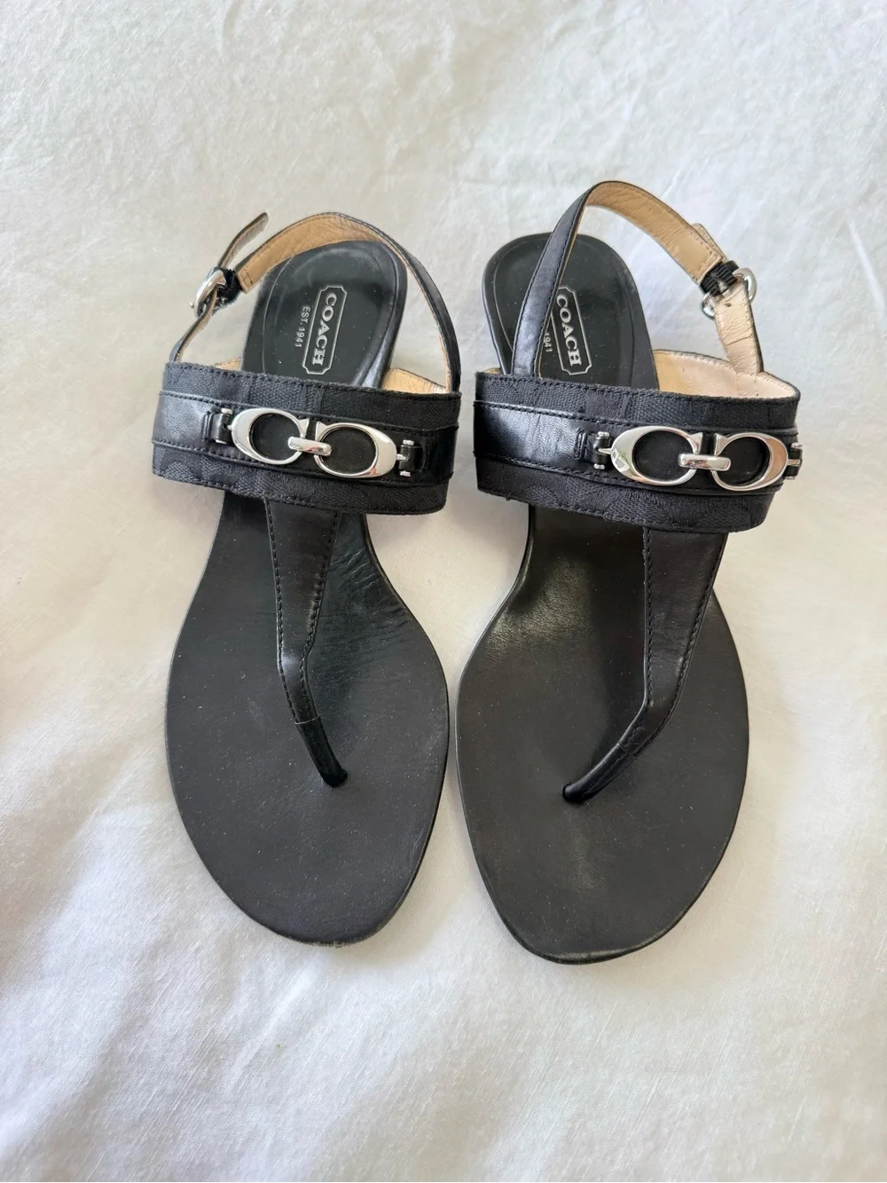 Coach | Women’s 10 | Black Despina Thong Sandal | Silver Tone Hardware Monogram